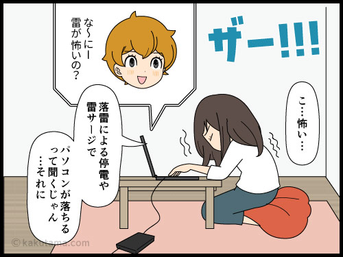 テレワーク中落雷による停電でパソコンの破損と冷凍食品が心配な派遣社員