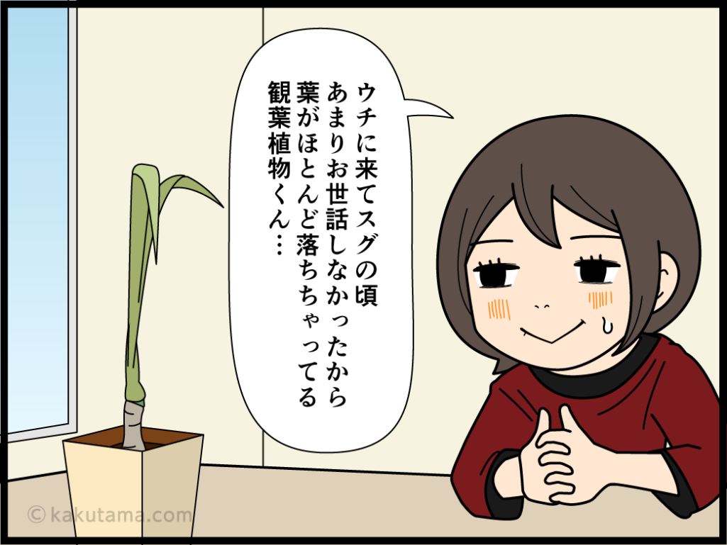 枯れそうで枯れない観葉植物に感心する主婦の漫画