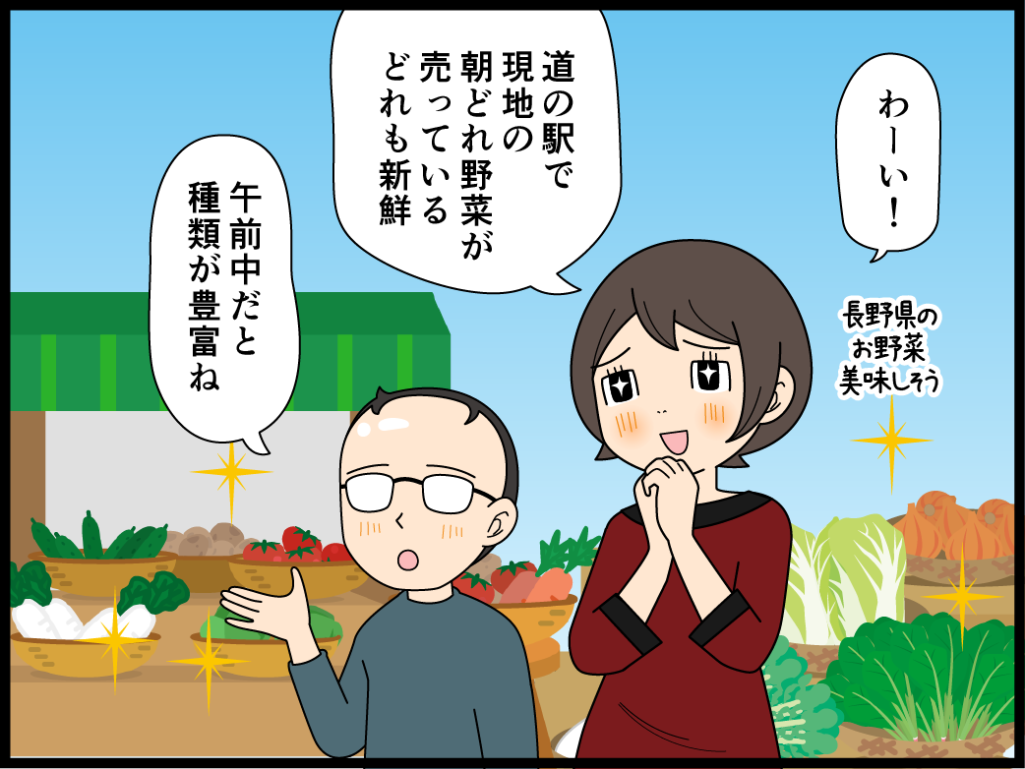 旅行先で朝取れ野菜を買っても新鮮なウチに食べられない主婦の漫画