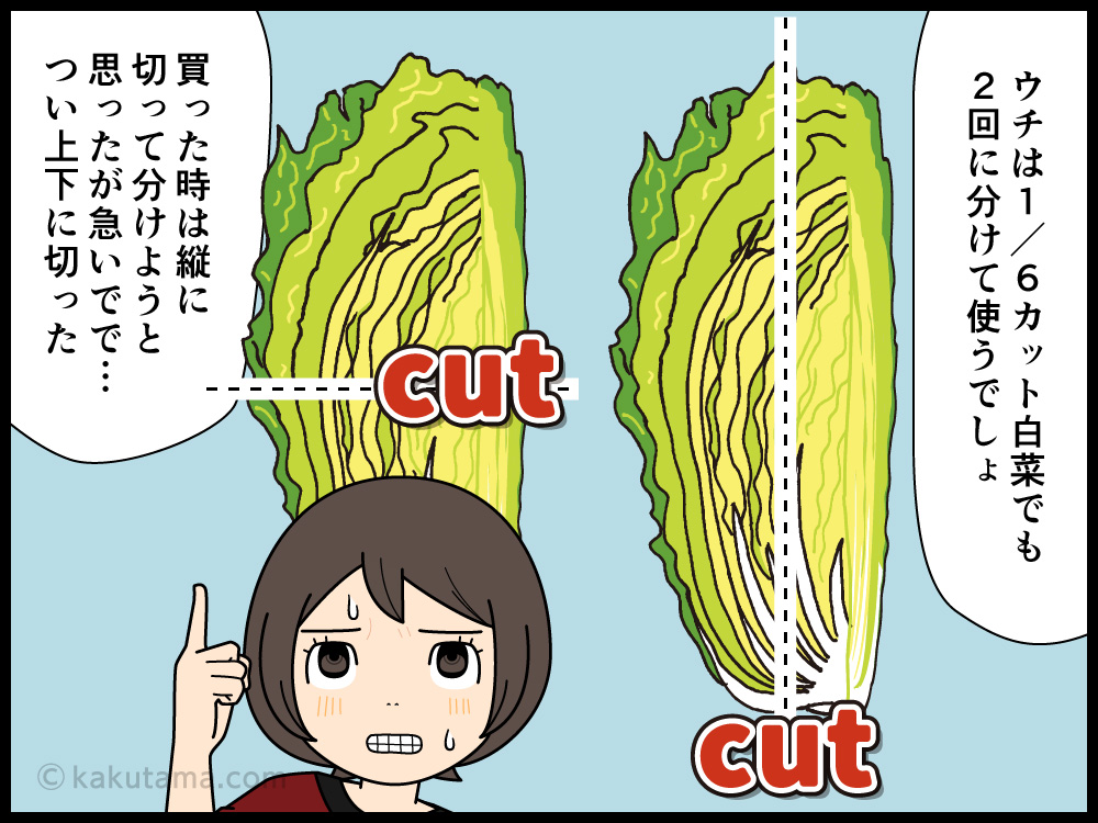 白菜の効率の良い切り方を考える主婦の4コマ漫画