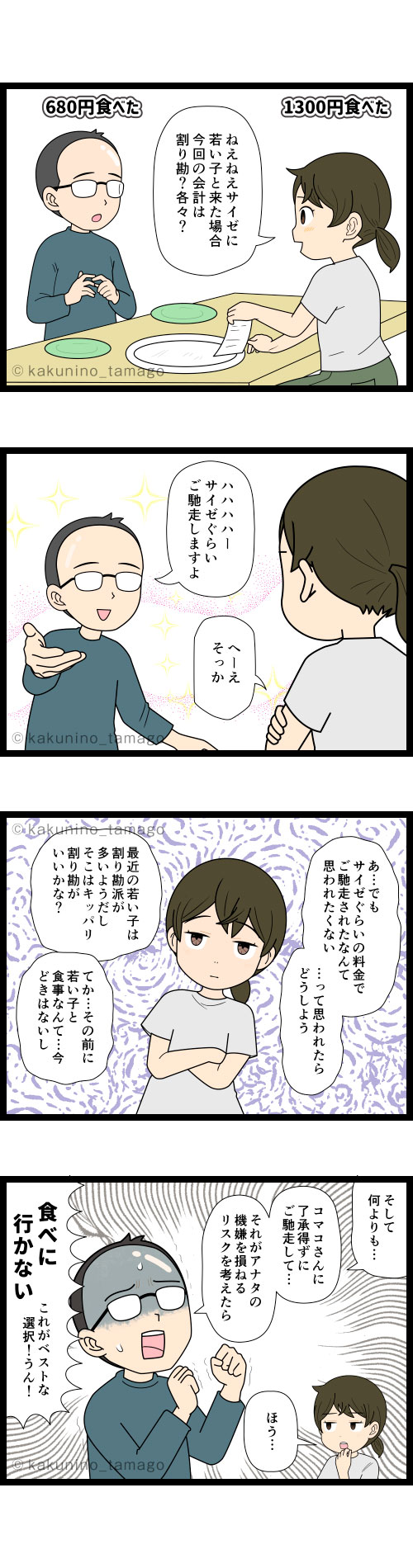 2人ぐらしの中年生活、ダンナが誰かに食事をごちそうする行動について話し合う夫婦の4コマ漫画