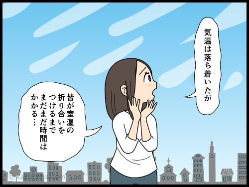 季節の変わり目、室温が合わない人々の4コマ漫画