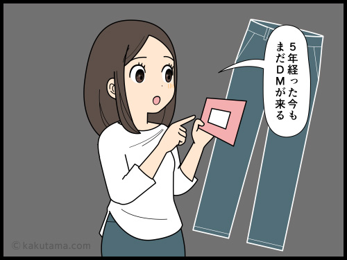 購入してないくても延々とくるDMを見て、このDMに効果はあるのだろうか？と思う女性の4コマ漫画