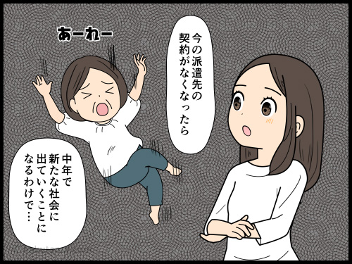 若い子の下について働くことに着いて行けるのかが不安な中年派遣社員の4コマ漫画