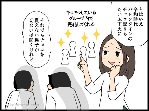 バレンタインデーの会社に居心地が悪い派遣社員の4コマ漫画