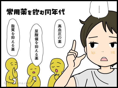 気がつけば周囲が常用薬を服用しているコトにショックをウケる中年の4コマ漫画