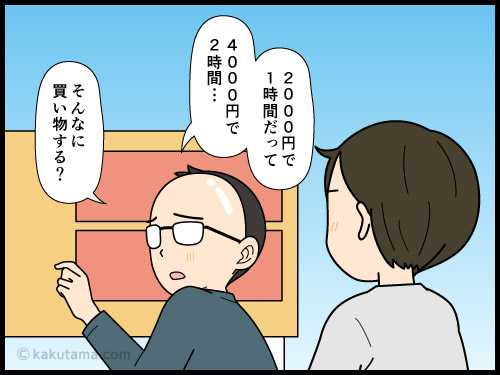 スーパーの駐車料金はかかるが、買い物の金額によって無料になるので物価高の今は余裕だと言う主婦の4コマ漫画