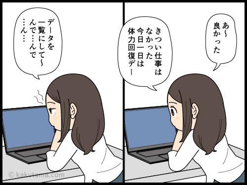有給休暇明けで頑張って働こうと思う派遣社員の4コマ漫画