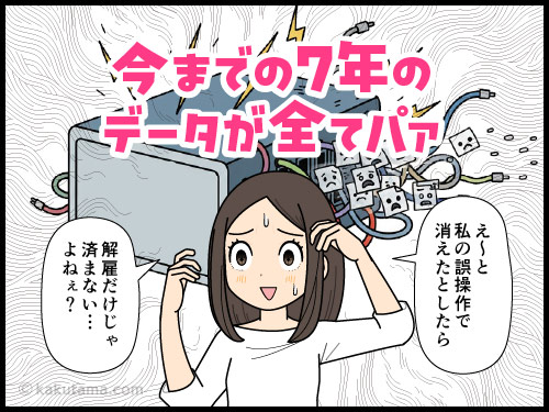 自分のデータを入れたサーバーが繋がらなくなって焦る派遣社員の4コマ漫画