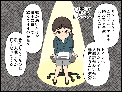 初出社の思い出を振り返る派遣社員の4コマ漫画