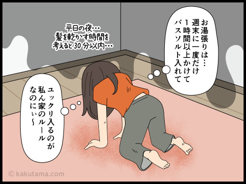 一人暮らしの生活に親がやってきて生活リズムを崩されるコトにイライラする独身女性の4コマ漫画