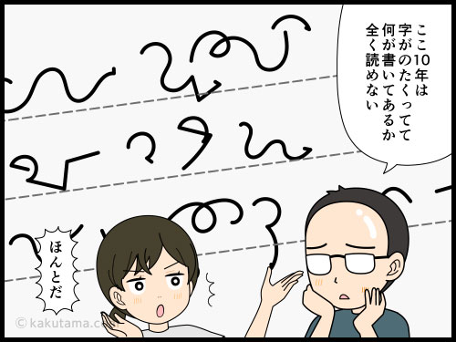 親の日記を見つけたが、文字が汚くて読めない４コマ漫画