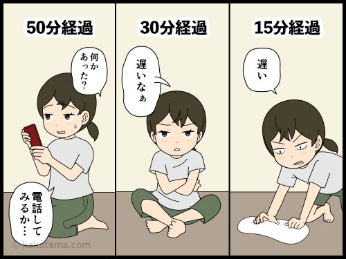 ちょっと買い物を頼んだダンナが帰ってこないコトにイライラする主婦の４コマ漫画
