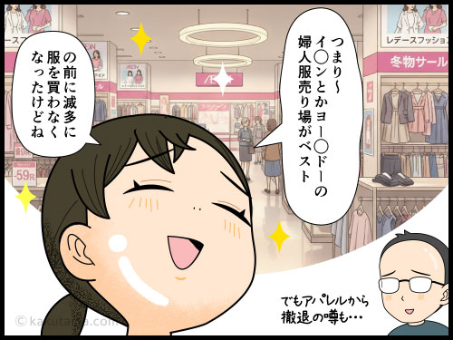 中年世代の服を買う場所について語る主婦の4コマ漫画