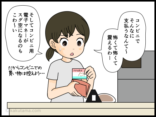 コンビニの価格と電子マネーの出費が怖い主婦の４コマ漫画