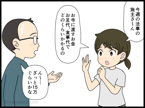 法事にかかる費用にびっくりする主婦の４コマ漫画