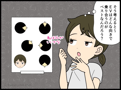 他人とEVに同乗した時の向きは、どの向きがいいのか考える主婦の4コマ漫画