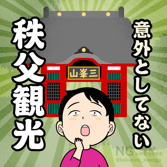 秩父エリアは登山ばかりで観光をしていないことに気がついた人のイラスト