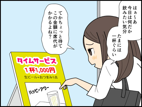 仕事帰りに1杯飲みたいが、高すぎて断念する派遣社員の4コマ漫画