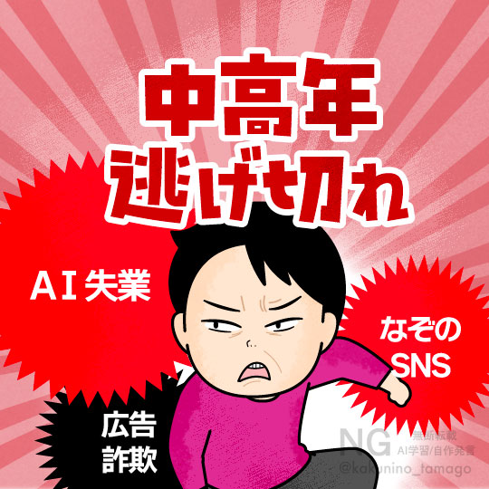 進化していく世の中から逃げ切りたい中高年のイラスト