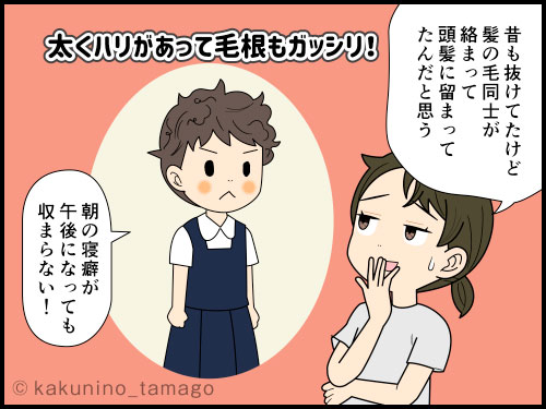 中年になり、自身の抜け毛に悩む主婦の4コマ漫画