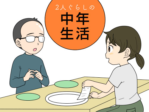 2人ぐらしの中年生活、ダンナが誰かに食事をごちそうする行動について話し合う夫婦の4コマ漫画