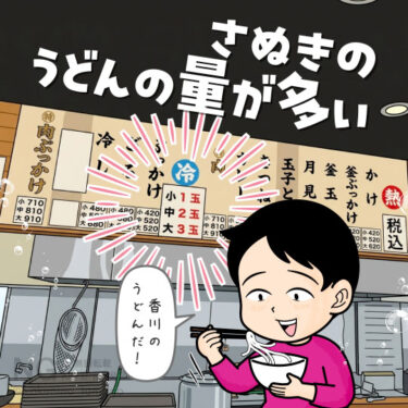 讃岐うどんの量が多いことにびっくりする人のイラスト