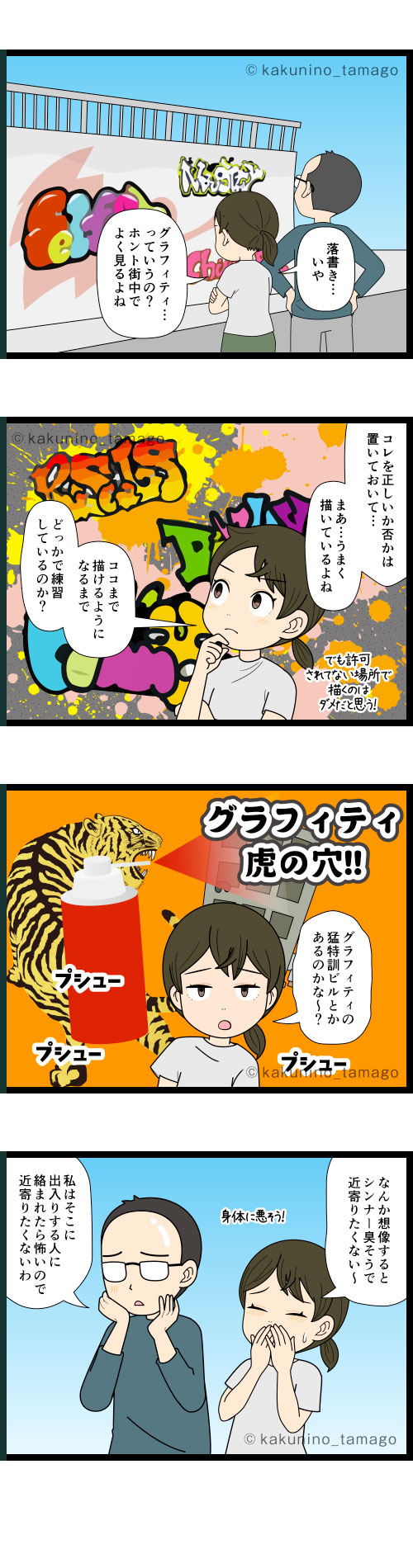 グラフィティはドコで練習して、現場で描いているんだろう？と考える人の4コマ漫画