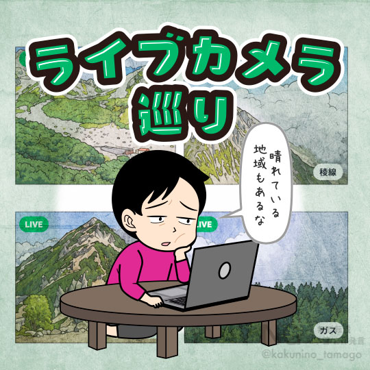 ライブカメラ巡りをする人のイラスト