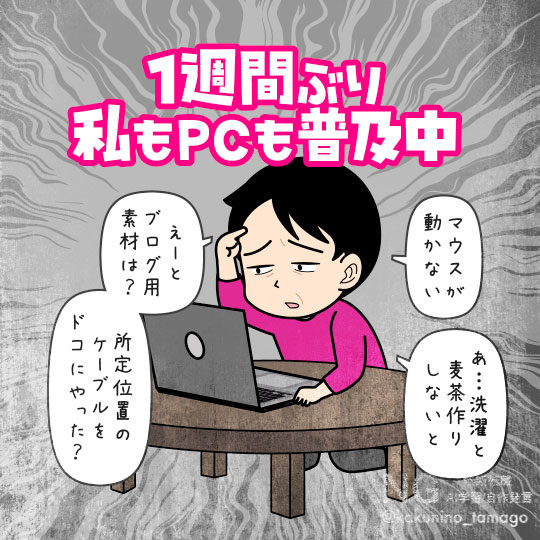 一週間の旅行から帰ってきてカンが戻らない人のイラスト