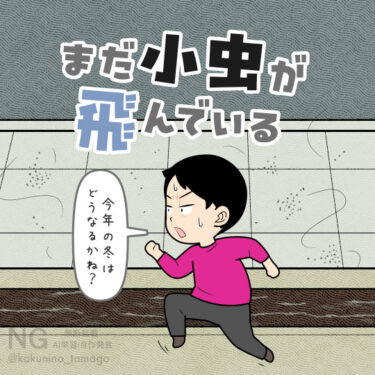 10月下旬でも小虫が飛び、気温が高いことに不安を覚える人のイラスト