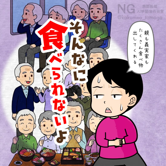 豪華バスツアーの食事を見ていると、とてもそんなに食べられないと思う人のイラスト